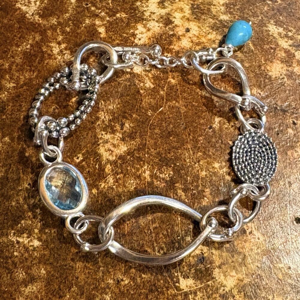 Michael Dawkins Bracelet Sterling Silver, Blue Topaz & Turquoise Textured Links